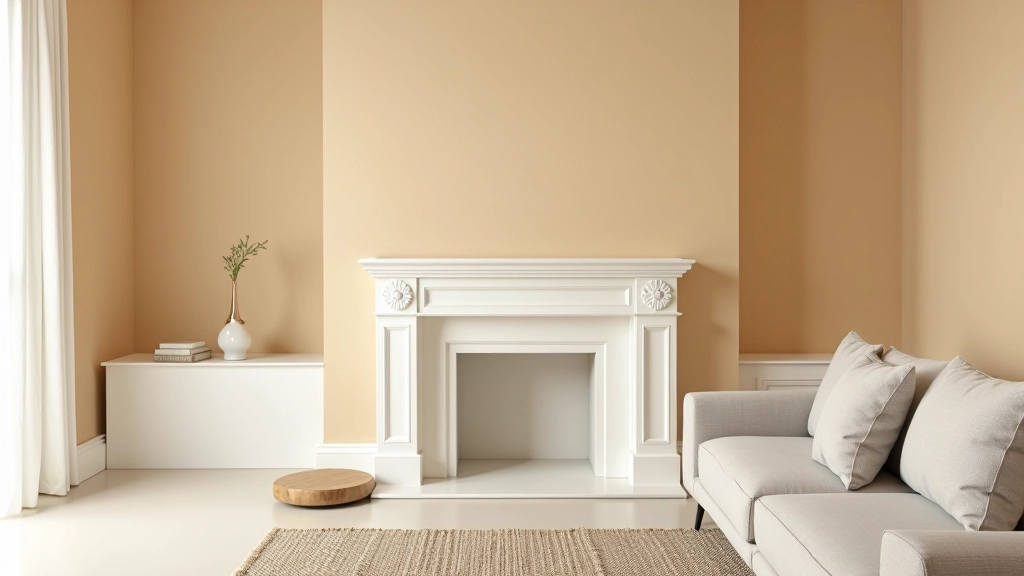 Sala de estar con paredes en beige cálido, sofá gris claro y decoración minimalista elegante